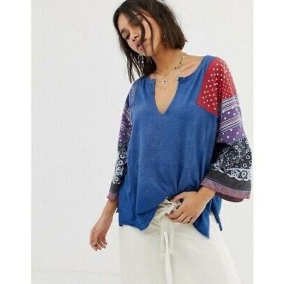 ✨FREE PEOPLE Shibuya Boho Sz Large Denim Patchwork Top✨ - Picture 2 of 12
